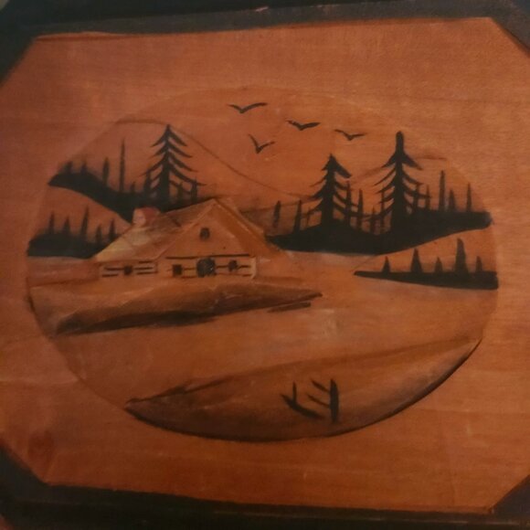 1 pc Vintage 3-D Wood Carving Quebec Folk Art cabin, river trees mountains geese - Picture 2 of 5